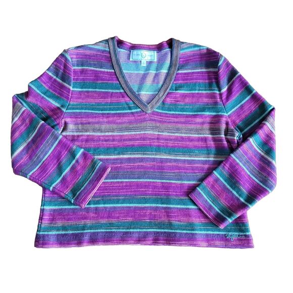St.John Sport By Marie Gray Striped Santana Knit Top Deep Pink Green Yellow Sz L - Picture 2 of 9